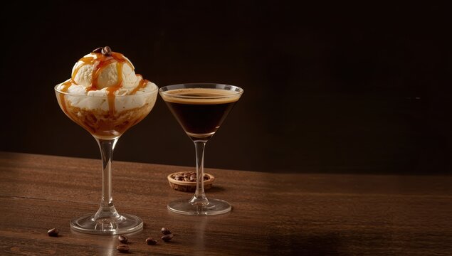 Affogato with Irish coffee, espresso martini, ice cream, and caramel on a dark backdrop.