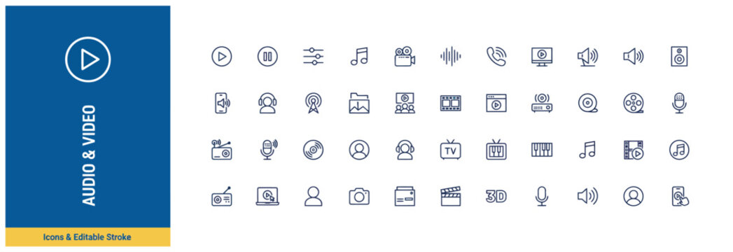 Set of audio and video thin line icons for digital media interfaces and multimedia applications