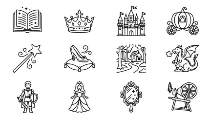 Fairy Tale Icons: Princess, Castle, Dragon, Magic Wand, Crown, Carriage, Book, Mirror