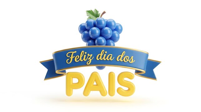 Feliz Dia dos Pais Portuguese greeting, Father's Day 3D typography with blue grapes, festive holiday banner for Brazilian celebration