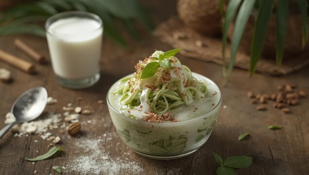 Cendol is a dessert created from rice flour, shaped with a strainer, and served with sugar water and coconut milk.