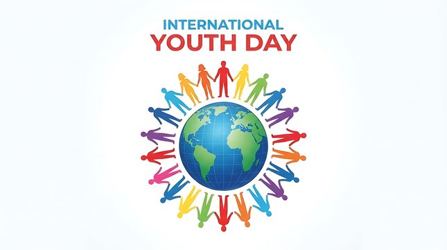 International Youth Day concept, colorful paper people holding hands around planet earth, global unity and diversity illustration for social awareness