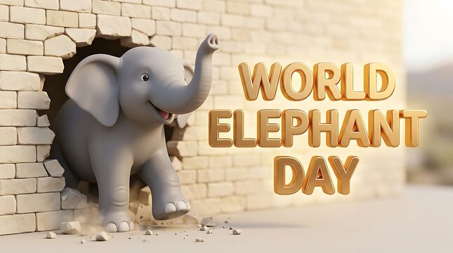 World Elephant Day 3D illustration, cute baby elephant breaking through brick wall, golden typography for wildlife conservation awareness
