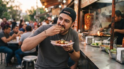 Bearded man eating al pastor tacos at Mexican street stall