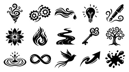 Fototapeta premium Black and White Glyph Vector Icons Set: Abstract Concepts, Nature Elements, and Business Symbols Collection