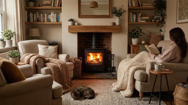 Cozy living room with wood burning stove and person reading.
