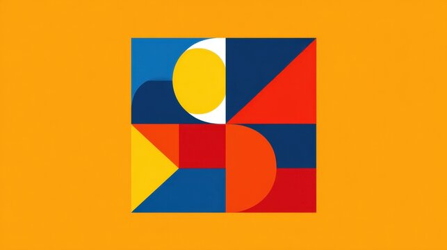 Colorful Geometric Abstract Composition with Circular and Triangular Shapes on a Bright Orange Background