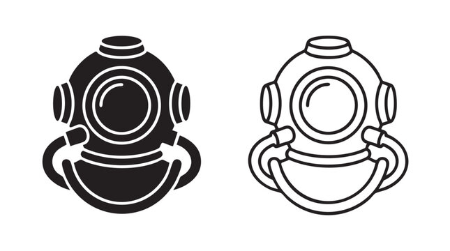 diving helmet black silhouette and outline art vector icon featuring underwater