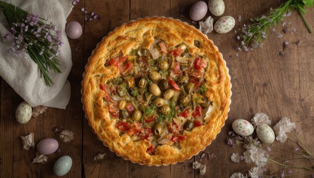 Homemade vegetarian pie with olives, tomatoes, onions, and veggies. Torta Capixaba - aerial view.
