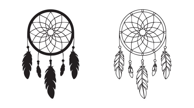 dreamcatcher with feathers and beads, black silhouette outline art vector icon black black silhouette and outline art vector icon