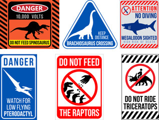 Funny Dinosaur Warning Signs Set, Prehistoric Danger Signs, Jurassic Park Style Vector Warning Labels, Megalodon, Pterodactyl, Velociraptor © Save Jungle