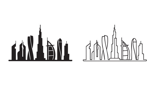 dubai skyline black silhouette and outline art vector icon featuring city, skyscrapers