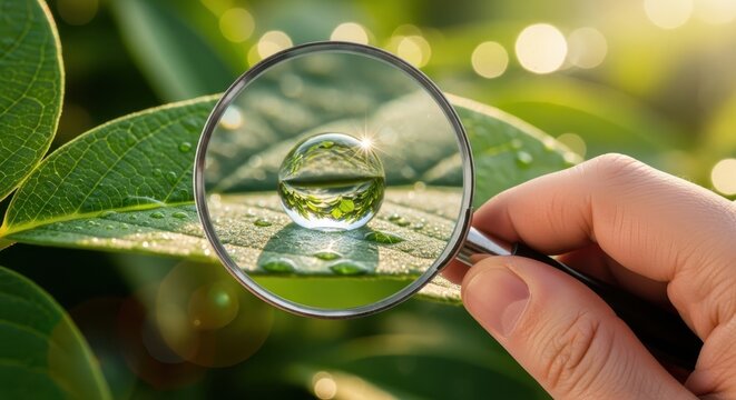 Hand holding magnifying glass over leaf dewdrop with high resolution, magnifying