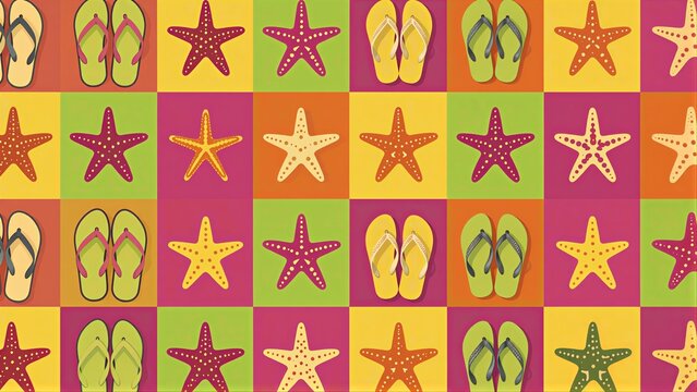 Colorful flip-flops and starfish in a vibrant, repeating pattern on a tiled background.