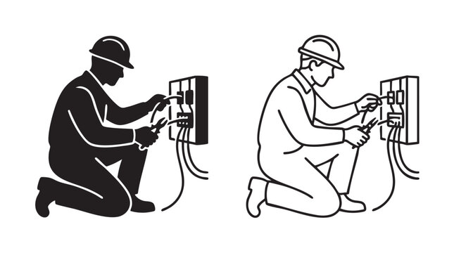 electrician black silhouette working on wiring outline art vector icon black silhouette black silhouette and outline art vector icon