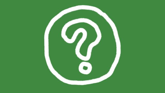 Question mark enclosed circle help desk hand-drawn cartoon graphic with chalk outline FAQ icon and creative support portal symbol isolated on green screen background for inquiry test quiz element.