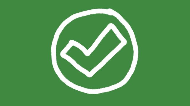Checkmark enclosed circle approved hand-drawn cartoon graphic with chalk outline checkmark icon and creative verified approval symbol isolated on green screen background for correct answer element.