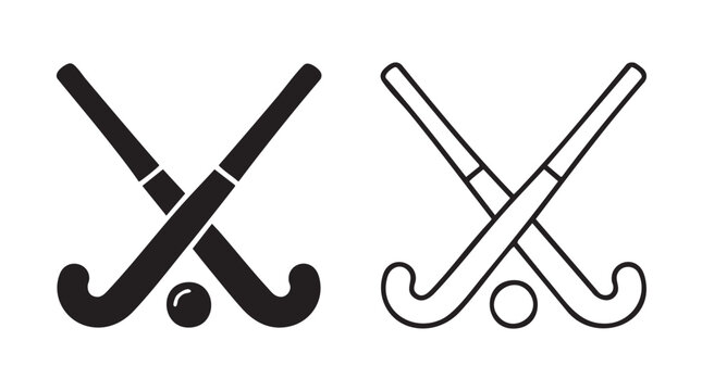 field hockey sticks and ball black silhouette and outline art vector icon