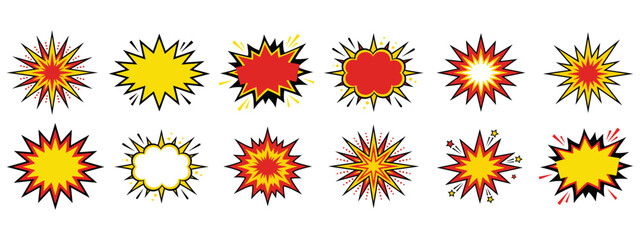 Comic book style bright yellow explosion bang bubbles perfect for pop art action speech balloon and dynamic graphic concept © susral