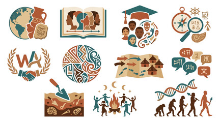 Collection of icons representing history, culture, education, and human evolution. © tr