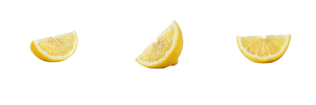 Set of three isolated fresh yellow lemon wedges on white background, juicy citrus fruit slices for cooking and beverage design, organic food graphics and vector-style elements for creative projects