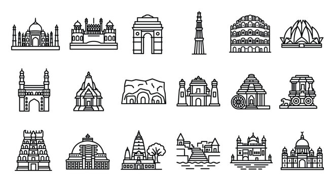 Indian Independence Day 15 August Vector, India Landmarks Monuments Temples Heritage Religious Places Architecture Glyph Symbol, Patriotic Tourism Collection, Linear Flat Design Web App UI Sign