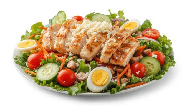 Grilled chicken salad with eggs and veggies.