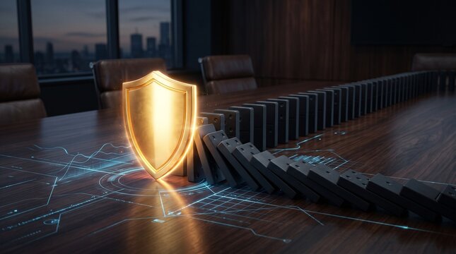 Golden Shield Stopping Falling Dominoes in Business Risk Management Concept