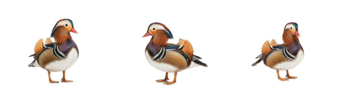 Set of three isolated colorful mandarin ducks on white background, vibrant exotic waterbirds with detailed plumage for wildlife design, organic nature graphics and vector-style animal elements for cre