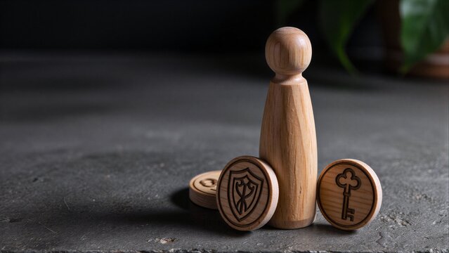 Wooden figure stands beside keys and a shield, symbolizing security or strategy.