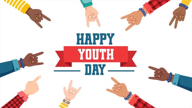 Animated happy youth day, diverse youth joining hands in a circle, symbolizing teamwork, friendship, community support, trust, and multicultural cooperation in a modern flat design style.