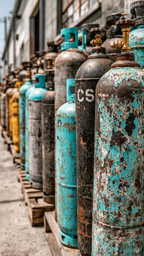 Industrial Gas Cylinders in Storage: A row of weathered industrial gas cylinders, some rusted and worn, stand on wooden pallets outside a building.