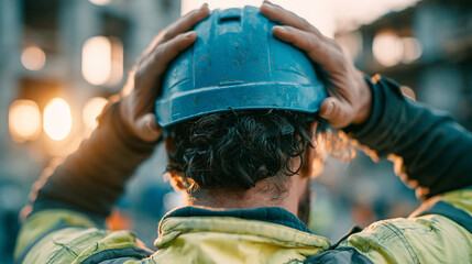 Obraz premium Construction Worker Adjusting Hard Hat: A weary construction worker in a yellow high-visibility vest adjusts his blue hard hat, bathed in the golden light of a setting sun at a construction site.