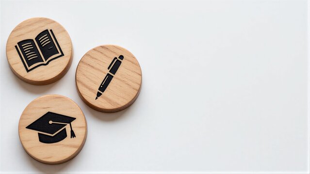 Wooden discs with book, pen, and graduation cap symbols represent education and learning.