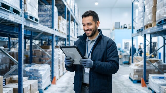 Happy warehouse worker checking inventory on a tablet in a storage facility
