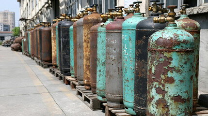 Obraz premium Row of Rusty Gas Cylinders: A line of weathered and rusted gas cylinders, some painted in faded colors, stand on wooden pallets outside an industrial building.