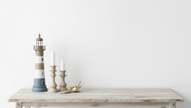 Nautical lighthouse and candle holders on a wooden table with a white wall backdrop, minimal coastal decor idea for summer travel and home design.