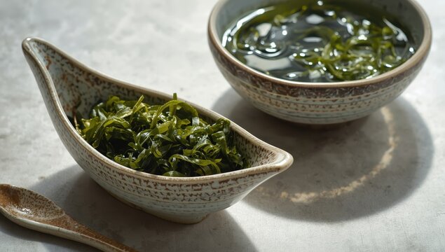 A boat-shaped ceramic dish with dried wakame and a spoon, alongside a similar bowl with rehydrated seaweed in water.