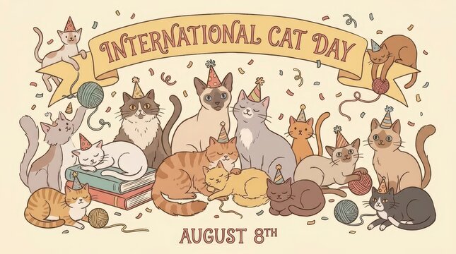 Cute cats celebrating International Cat Day illustration