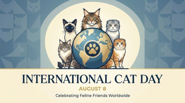 Four cats celebrating International Cat Day illustration