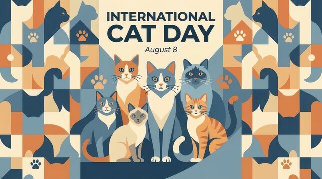Colorful cats celebrating International Cat Day illustration