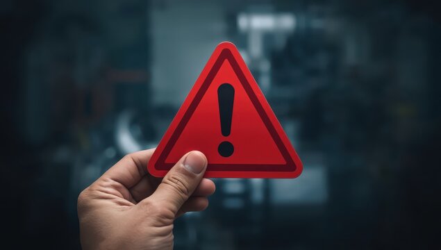 A hand displays a red triangle warning symbol for maintenance alerts and risk awareness.