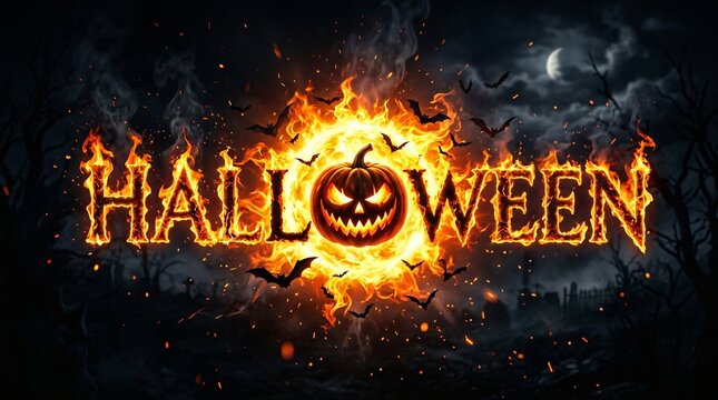 A fiery and glowing Halloween banner featuring a sinister jack-o-lantern surrounded by flying bats
