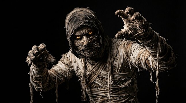 A menacing ancient mummy wrapped in tattered bandages poses aggressively against a black background
