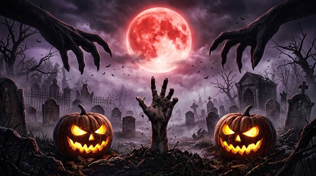 A haunting graveyard scene features two glowing jack-o'