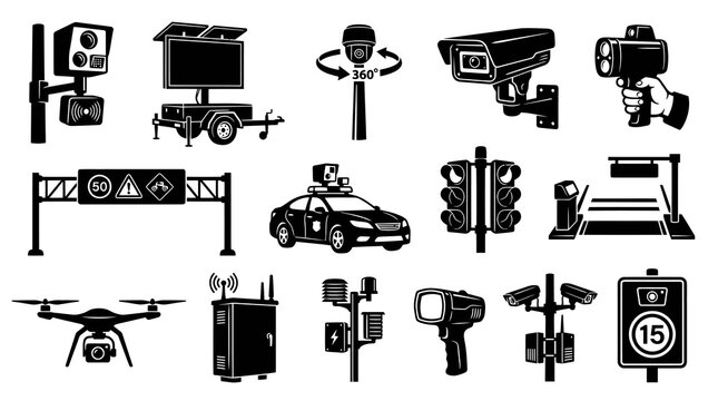 Traffic Surveillance Technology Icons: Cameras, Drone, Speed Camera, Traffic Light, Sign