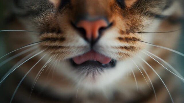Cinematic extreme macro footage of a domestic cat tongue filling the frame for international cat day