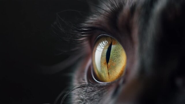 Cinematic macro footage of a domestic cat eye slowly blinking for international cat day