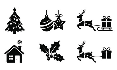 Obraz premium Set of black and white christmas icons featuring trees ornaments reindeer with gifts and winter holiday elements