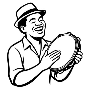Minimalist black and white line art illustration of a happy Brazilian man in a fedora playing the pandeiro tambourine